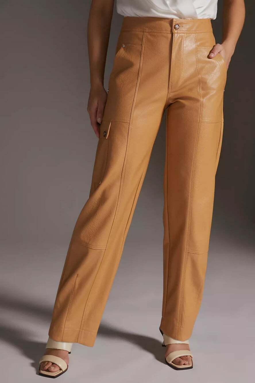 Anthropologie Women's 10 Peanut Butter Faux Leather Barrel Cargo Utility Pants